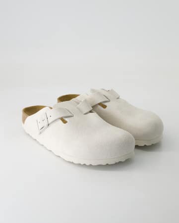 Pantoletten Birkenstock Boston Veloursleder in Weiß