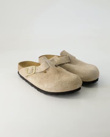 Pantoletten Birkenstock Boston Veloursleder in Beige