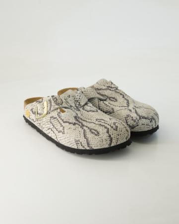 Pantoletten Birkenstock Boston Rivet Logo in Beige