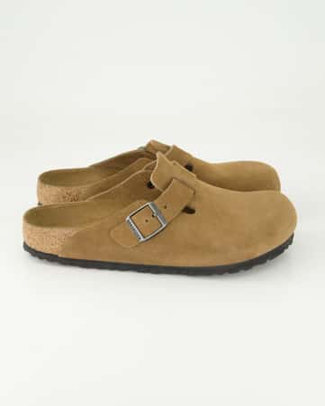 Pantoletten Birkenstock Boston Weichbett. Veloursleder in Beige