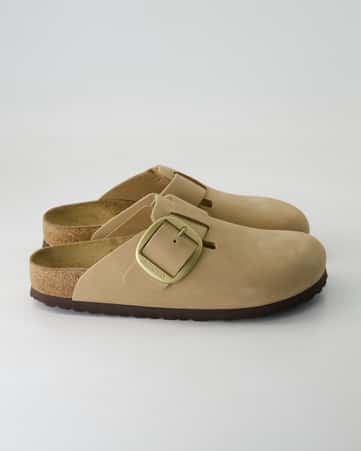 Pantoletten Birkenstock Boston Big Buckle Veloursleder in Beige