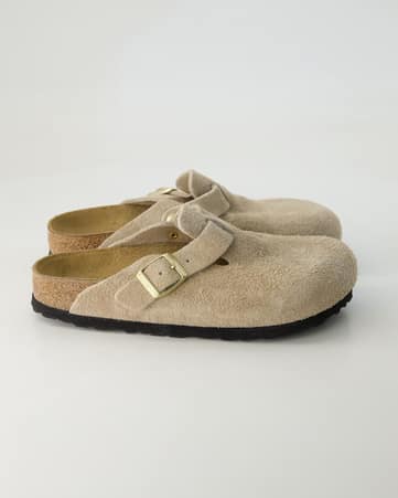 Pantoletten Birkenstock Boston Veloursleder in Beige